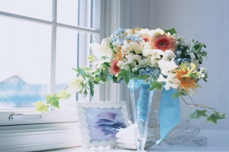 Flowers - flowers, blue, window, morning, bouquet