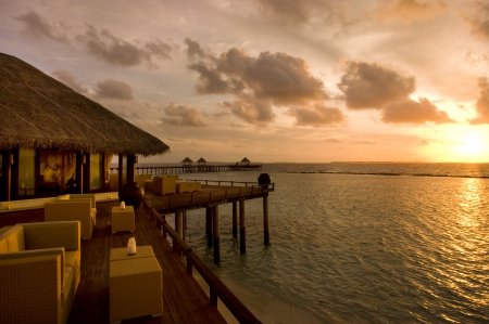 Tahiti Evening - beach, paradise, water, sunset, hotel, villa, view, evening, bora bora, orange, lagoon, resort, dusk, bungalow, ocean, islands, tropical, exotic, luxury, twilight, island, sea, tahiti