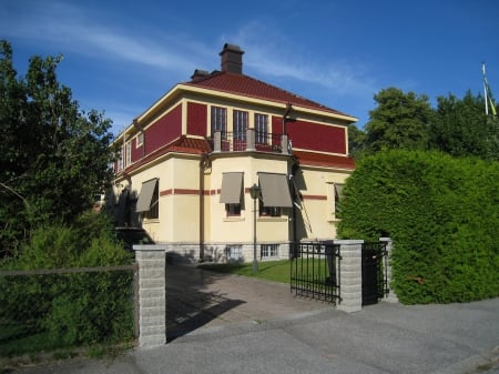 Old House - sky, windows, trees, fens, yellow, red, colors, house, garden