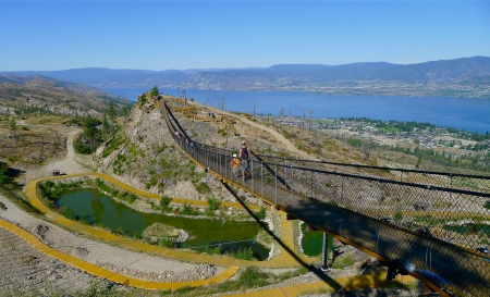 Kelowna Mountain Park Suspension Bridge - lake, trees, mountain, water, suspention bridge, bridge