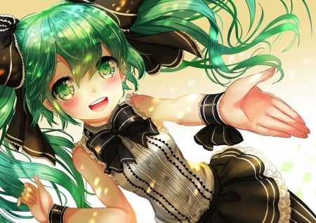 Come With Me!! - anime, vocaloid, blush, hatsune miku, green eyes, green hair, long hair, ponytails, bow