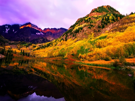 Autumn reflections - calm, quiet, hills, reflection, mountain, shore, riverbank, lake, nice, sky, falling, water, beautiful, mirrored, colors, lovely, fall, river, nature, autumn, serenity, rocks