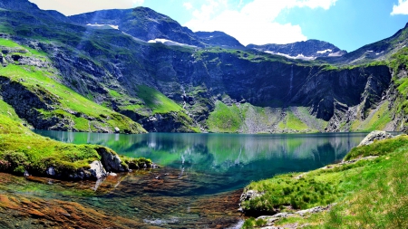 Highland lake - nice, lakeshore, sky, water, mirrored, rocks, mountainscape, reflection, grass, cliffs, lake, mountain, hills, highland, shore, peaks, lovely, beautiful