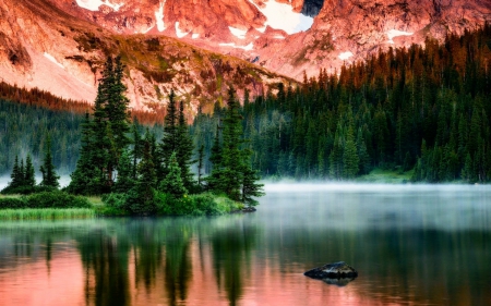 Mountains - lake, trees, reflection, fog, mountains