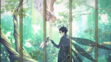 SAO: Queen Touch - flying, kazuto kirigaya, queen titania, kirigaya kazuto, lover, kirito, male, uple, scenery, scenic, fairy, couple, float, love, brown hair, anime, asuna yuuki, yuuki, sword art online, lovely, black hair, female, guy, asuna, gown, yuuki asuna, fly, forest, titania, cute, hot, girl, anime girl, wings, yui, kazuto, pretty, handsome, wing, sweet, kirigaya, dress, warrior, long hair, nice, sexy, scene, boy, sao