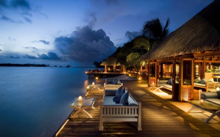 Tropical Evening Dining by the Ocean - lagoon, romantic, beach, evening, food, island, night, polynesia, dinner, eat, dine, view, twilight, dining, exotic, paradise, candles, sea, ocean, candlelight, islands, sunset, tropical, dusk