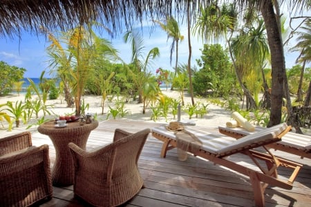 Beach hideaway - beautiful - beach, alone, island, polynesia, sand, peace, tahiti, villa, holiday, view, exotic, palm trees, plants, paradise, hotel, hut, hideaway, sea, resort, ocean, islands, tropical, bora bora, retreat