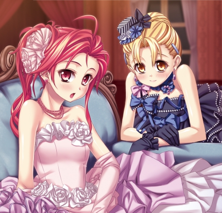 Red & Blond - pretty, anime, elegant, female, maiden, dress, blonde, blond hair, long hair, red hair, gorgeous, blond, nice, pink hair, yellow eyes, gown, anime girl, hot, girl, blonde hair, lovely, sweet, red eyes, redhead, lady, cute, sexy