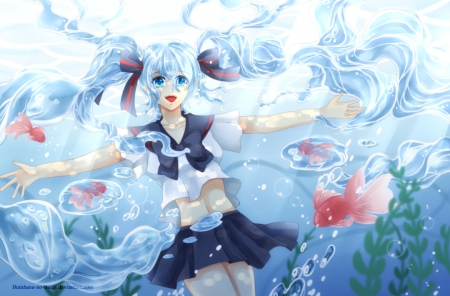 Bottle Miku - pretty, goldfish, anime, vocaloid, twin tail, female, bottle miku, twintail, hatsune miku, long hair, happy, nice, twin tails, anime girl, bottle, skirt, water, twintails, hot, girl, lovely, sweet, bubble, smile, miku, underwater, cute, aqua hair, hatsune, sexy, fish, vocaloids