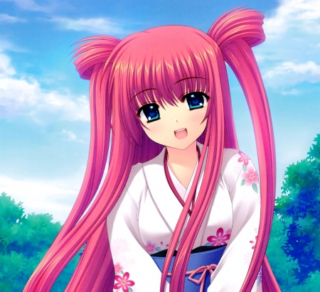 ♡ Maiden ♡ - pretty, anime, elegant, kawaii, divine, female, maiden, long hair, sublime, happy, gorgeous, nice, pink hair, sky, anime girl, beautiful, hot, girl, beauty, kimono, lovely, sweet, yukata, smile, lady, cloud, cute, adorable, sexy