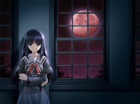 LoneSome - cute, hot, anime girl, girl, ribbon, sorrow, serious, emotional, window, dark, anime, night, dress, darkness, long hair, sexy, moon, sad, female