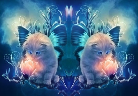 Magic Flower - pretty, kawaii, wing, light, animal, kaleidoscope, kitten, sparks, nice, lovely, sweet, flower, cat, glow, fantasy, double, wings, fairy, cute, adorable, floral, kitty