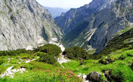 Mountainscape - summer, grass, mountain, flowers, path, peak, cliffs, nice, sky, greenery, mountainscape, beautiful, slope, lovely, valley, freshness, wildflowers, colorful, nature, green, rocks