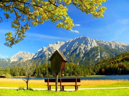 German landscape - nice, autumn, sky, water, bench, river, clouds, tree, grass, relax, germany, branches, lake, mountain, landscape, seat, day, park, peaks, lovely, nature, bright, alley, beautiful, rest