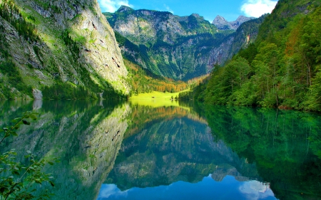 Lake Obersee-Germany - calm, quiet, hills, reflection, crystal, mountain, shore, cliffs, lake, nice, sky, greenery, Germany, beautiful, mirrored, lovely, peaks, nature, clear, serenity, Obersee