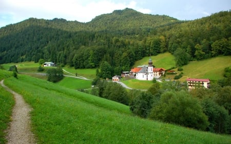 Mountain resort - pretty, villas, hills, summer, grass, mountain, path, view, hotel, nice, greenery, trees, beautiful, vacation, slope, resort, lovely, valley, rest, village, nature, green, cottages