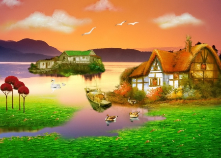 Afternoon fantasy - nice, sky, sunset, fantasy, cottages, painting, art, pretty, river, clouds, orange, afternoon, grass, birds, boat, houses, lake, swans, summer, shore, lovely, glow, beautiful, island