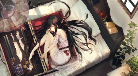 Girl with weapons - girl, lying, long hair, black hair, katana, anime, sword, weapons, manga