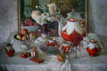 Still Life - teapot, tea, flowers, mugs, apples, decoration