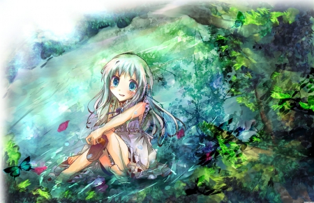 Menma - menma, nature, girl, blue eyes, anime, water, tree, white hair