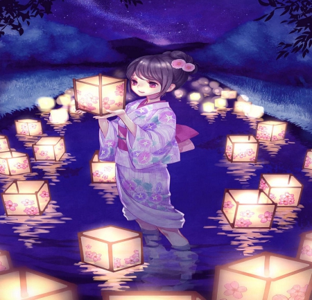 Matsuri - oriental, girl, orginal, kimono, night, lantern