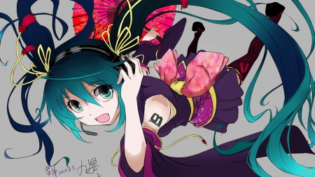 Hatsune Miku - falling, vocaloid, anime, headphones, umbrella, Hatsune Miku, ponytails, long hair