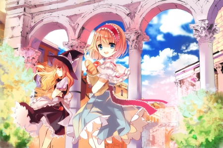 Alice Margatroid & Kirisame Marisa - hat, clouds, dresses, anime, food, blonde, headband, orange eyes, short hair, touhou, Alice Margatroid, friends, kirisame marisa, sky, blue eyes