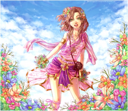 Surrounded By Blossoms - sky, pretty, clouds, flowers, brown hair, anime, girl, colorful