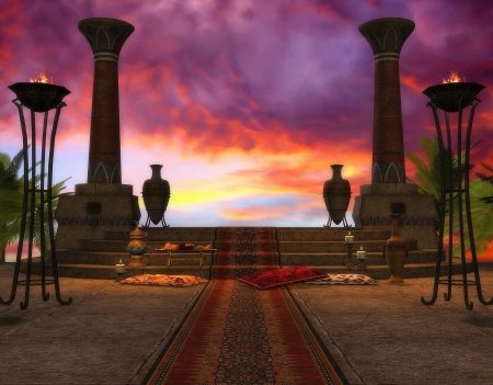 âœ«The Antiquityâœ« - carpet, ancients, stock images, beautiful, vase pairs, candles, fire, light, pillars, candlelight, sky, premade bg, creative pre-made, clouds, resources, scenes, backgrounds, ancient, exterior