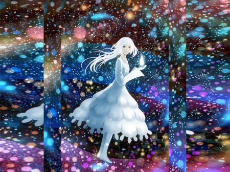 Drop - drop, anime, multicolor, yellow, blue, beautiful, dress, girl, beauty, space, black, white, purple, art