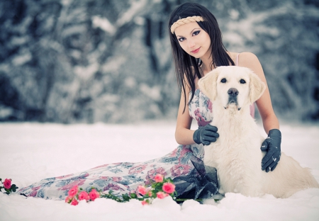 Woman with Dog - lady, winter, animal, prettty, model