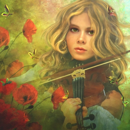 Spring Melody - melody, lady, violin, flowers, spring, painting