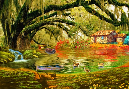 Magic pond - nice, cottage, paradise, magic, water, stream, waterfall, fantasy, creek, art, reflection, tree, house, pond, swans, lake, shore, place, lovely, nature, beautiful, enchanted