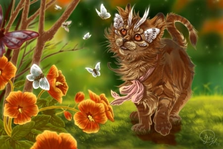 Mythical beast - fairytale, forest, beautiful, fantasy, magic, nature, mythical, animal, myth, flowers, art, enchanted, butterfly, nice, lovely, beast, trees, painting