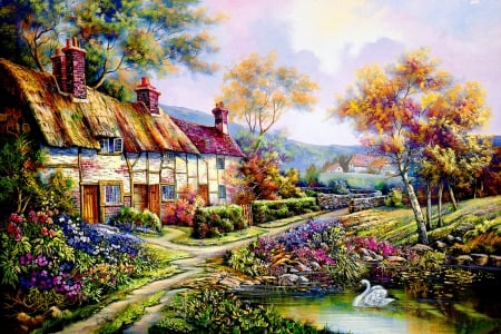 Countryside cottage - pretty, calm, quiet, silence, cabin, creek, landscape, stream, home, mountain, flowers, path, countryside, swans, lake, paradise, nice, art, cottage, sky, house, trees, water, beautiful, pond, lovely, rustic, village, colorful, nature, painting, rural