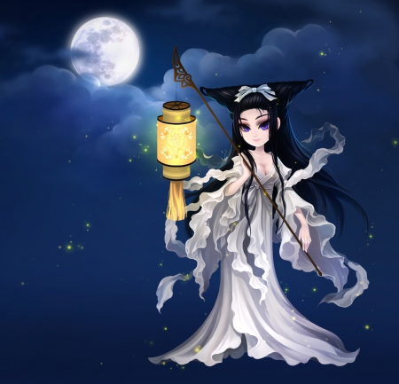 Celestial - pretty, anime, elegant, divine, female, maiden, dress, night, long hair, sublime, oriental, gorgeous, nice, moon, gown, anime girl, beautiful, hot, girl, chinese, beauty, lovely, sweet, lantern, lady, black hair, cute, sexy