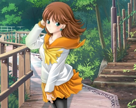 Windy Path - gown, cute, maiden, beautiful, hot, anime girl, girl, lady, breeze, pretty, wind, kawaii, short hair, beauty, green eyes, sweet, windy, brown hair, anime, dress, nice, lovely, sexy, female