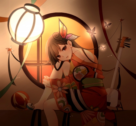 ♡ Maiden ♡ - pretty, anime, female, maiden, light, long hair, emotional, dark, oriental, sparks, nice, anime girl, serious, hot, girl, kimono, lovely, sweet, yukata, lantern, glow, lady, cute, sexy