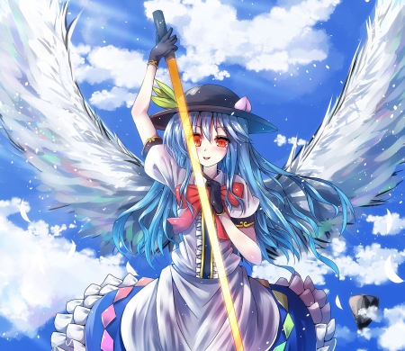 Hinanawi Tenshi - anime, female, wing, dress, angel, long hair, touhou, blue hair, sky, gown, anime girl, hot, girl, feather, hinanawi tenshi, red eyes, wings, cloud, cute, sexy