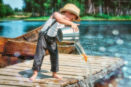 Boy - river, photo, fish, trees, boy