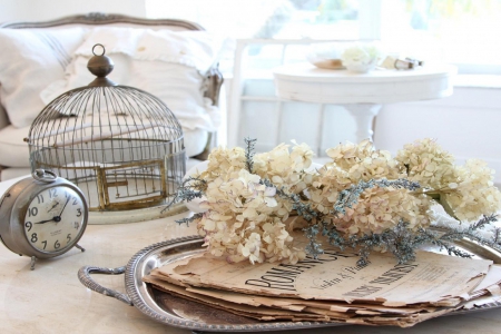 Still Life - room, bouquet, still life, beautiful, clock, romance, flowers, old, decor, harmony