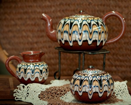 Bulgarian Pottery Tea Set - photography, tea, photo, Bulgaria, drink, traditional, nice, pottery, ceramic