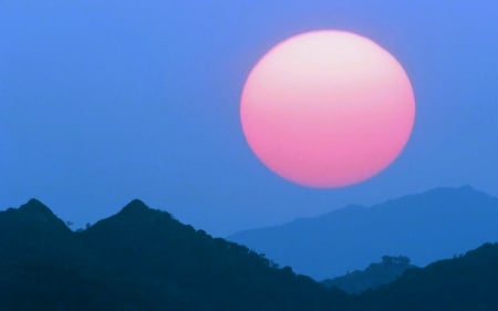 SUPER MOON - moon, photography, foggy, mountains, pink, sky