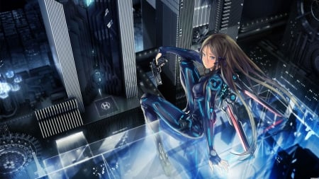 fighter - futuristic, girl, cool, fighter, city, anime, night, long hair