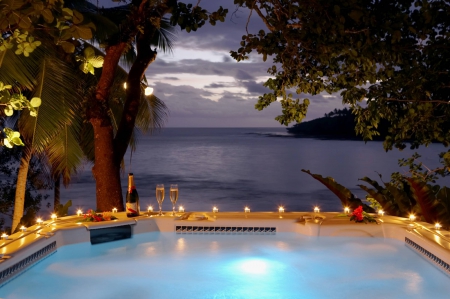 Sunset Jacuzzi Fiji - nighttime, sundown, fiji, beach, evening, jacuzzi, bath, island, night, polynesia, south pacific, view, twilight, exotic, paradise, candles, luxury, hot tub, spa, sea, ocean, candlelight, islands, sunset, tropical, lights, dusk