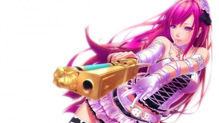 girl & gun - women, anime, anime girl, gun, gold, long hair, pink eyes, sample, pink hair