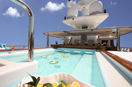 Luxury Yacht Pool - swimming, paradise, tropical, deck, yacht, luxury, millionaire, jacuzzi, rich, flowers, pool, boat