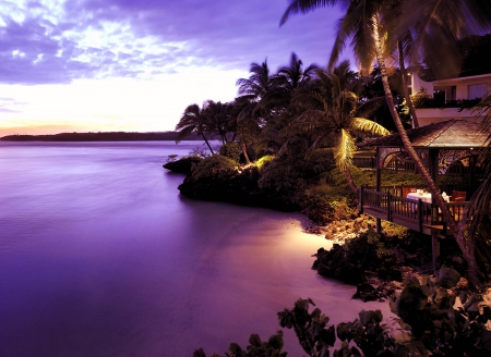 Fiji Luxury Villa Table for Two - table for two, fiji, beach, evening, island, night, polynesia, home, south pacific, villa, dine, dining, exotic, paradise, candles, house, luxury, sea, ocean, islands, sunset, tropical, lights, eating, dusk, restaurant