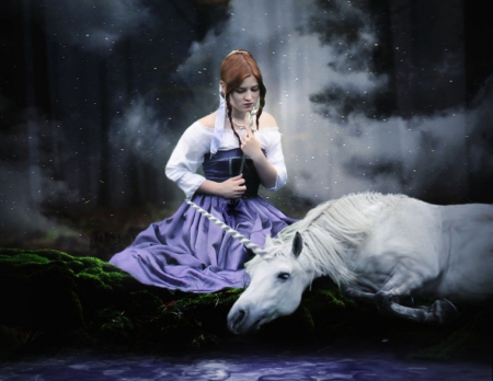 I Shall Never - white, lady, horse, fantasy