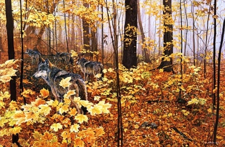 Wolfpack at Autumn - trees, nature, predators, artwork, wilderness, forest, leaves